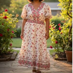 Floral V-Neck Maxi Dress in Pink Cream